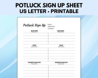Potluck Sign Up Sheet, Food Sign Up Sheet