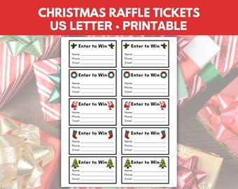 May include: Eight printable Christmas raffle tickets with a white background and black borders. Each ticket has a different Christmas-themed image at the top, including a star, a wreath, Santa Claus, a stocking, and a Christmas tree. Each ticket has lines for the name, phone number, and email address.