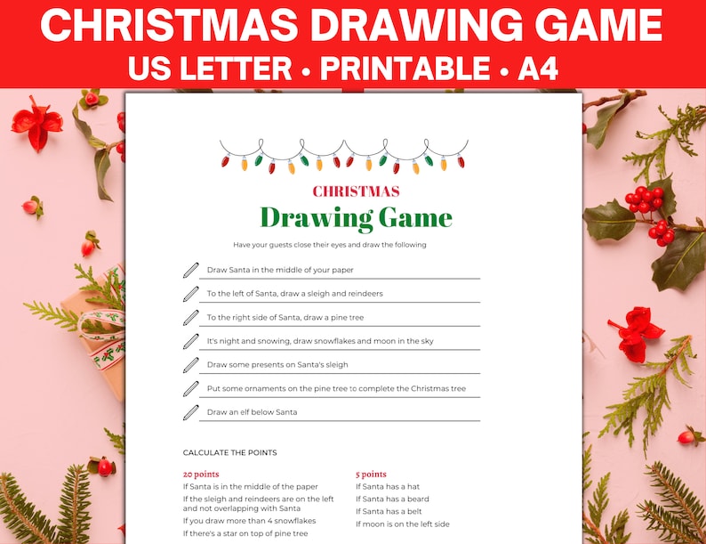 Christmas Drawing Game, Christmas Party Game, Printable Christmas Games