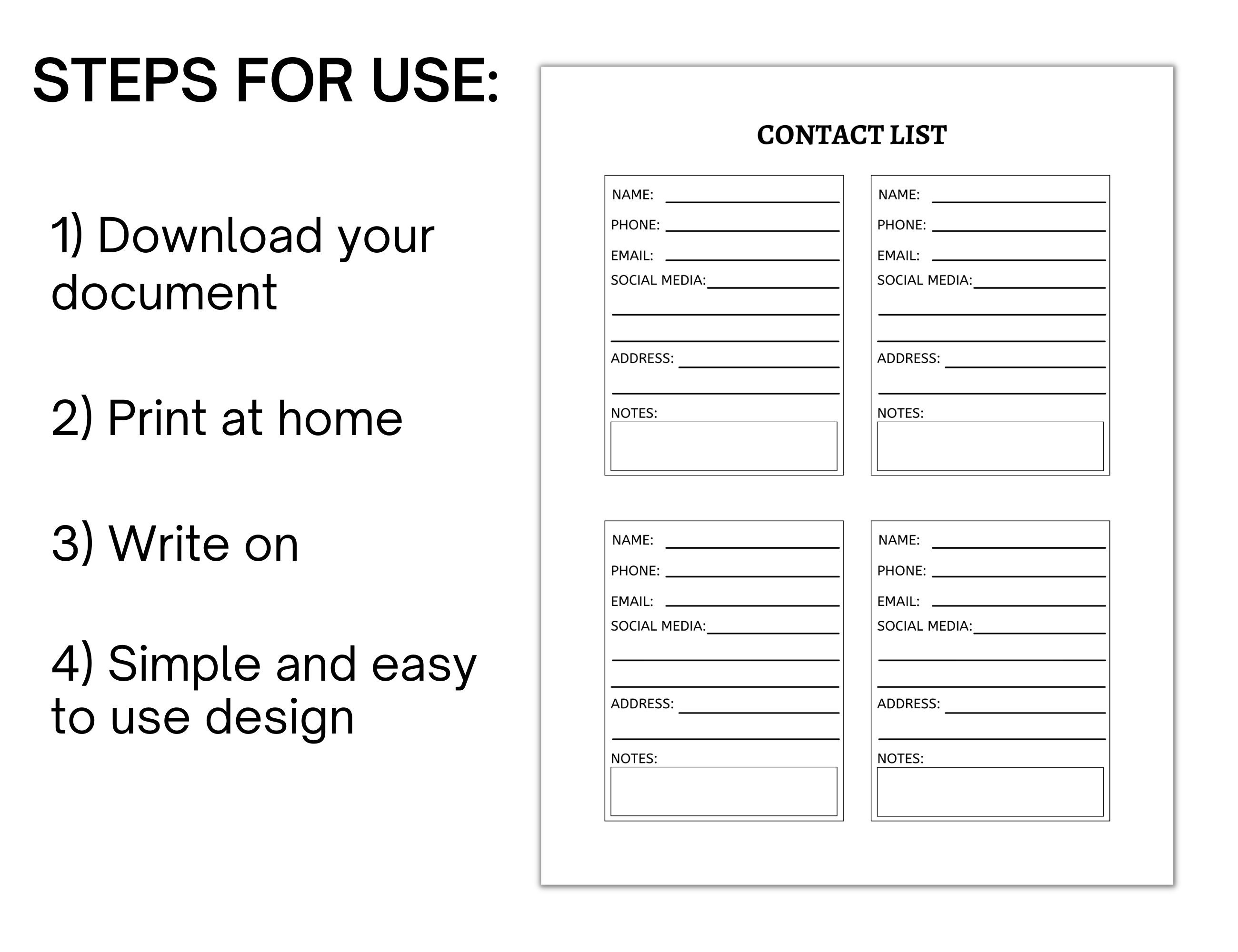 Contact List Printable, Contact Information, Contact Sheet - Etsy
