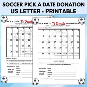 Soccer Pick a Date Donation, Fundraiser Calendar, Pick a Date to Donate Fundraiser, Calendar Fundraiser, Fundraising Calendar