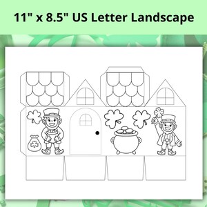 May include: A black and white line drawing of a St. Patrick's Day house with leprechauns, shamrocks, and a pot of gold. The text "11" x 8.5" US Letter Landscape" is at the top.