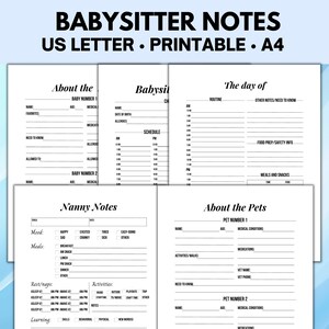 Babysitter Notes Printable, Nanny Notes and Babysitter Information Sheet, Nanny Log and Binder, Babysitter Guide