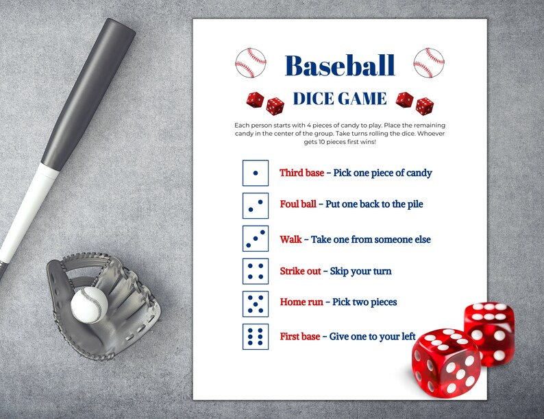 Dice Baseball Game and Candy Dice Game Printable for Kids and Adults ...