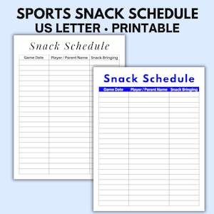 Könnte beinhalten: Druckbarer Snack-Plan im US-Letter-Format mit zwei leeren Tabellen. Die Tabellenüberschriften lauten "Spieltermin", "Spieler/Elternname" und "Snack mitbringen".