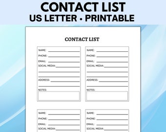 Lista de contactos imprimible, información de contacto, hoja de contactos