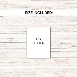 May include: A white card with the text "SIZE INCLUDED: US LETTER" printed on it.