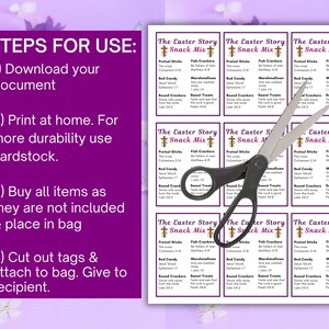 May include: Printable Easter Story Snack Mix tags with a purple and white design. The tags feature a cross, pretzel sticks, fish crackers, red candy, round crackers, and sweet treats. The tags also include Bible verses related to the Easter story.