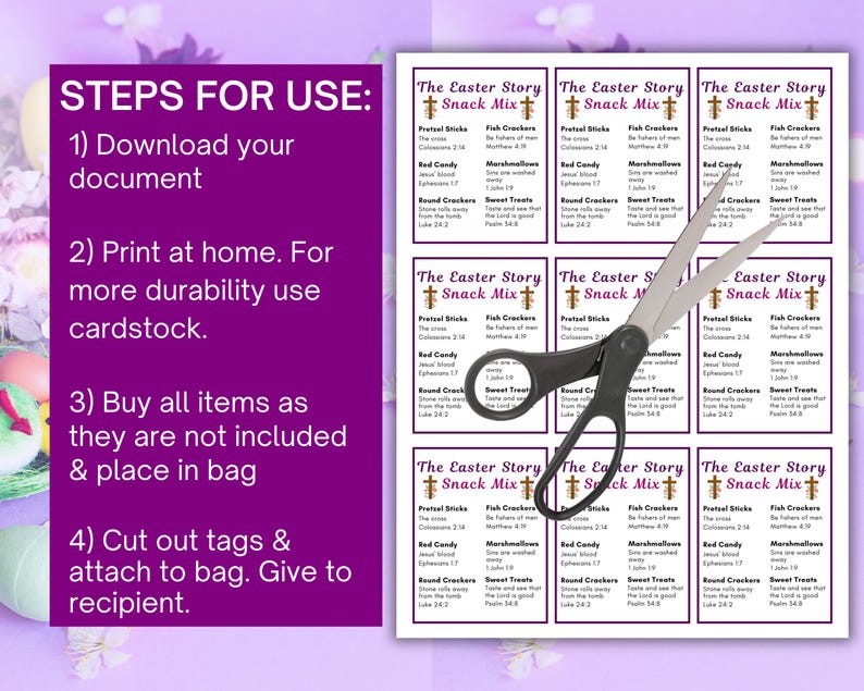 May include: Printable Easter Story Snack Mix tags with a purple and white design. The tags feature a cross, pretzel sticks, fish crackers, red candy, round crackers, and sweet treats. The tags also include Bible verses related to the Easter story.