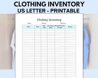 May include: A printable clothing inventory list in US letter size. The table has columns for item, size, fits (yes/no), purchase date, keep/donate/trash, and notes.