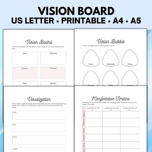 May include: Printable vision board worksheet with sections for visualization, manifestation timeline, and vision bubble. The worksheet includes prompts for career, relationships, finances, health, and spirituality.