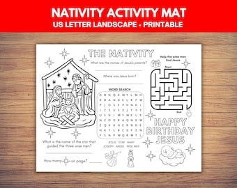 Nativity Activity Placemat, Christmas Coloring Mat, Baby Jesus