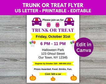 Edytowalna ulotka „Trunk or Treat”, zaproszenie na imprezę halloweenową