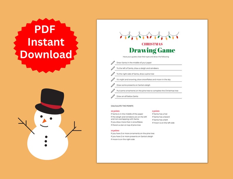 Christmas Drawing Game, Christmas Party Game, Printable Christmas Games