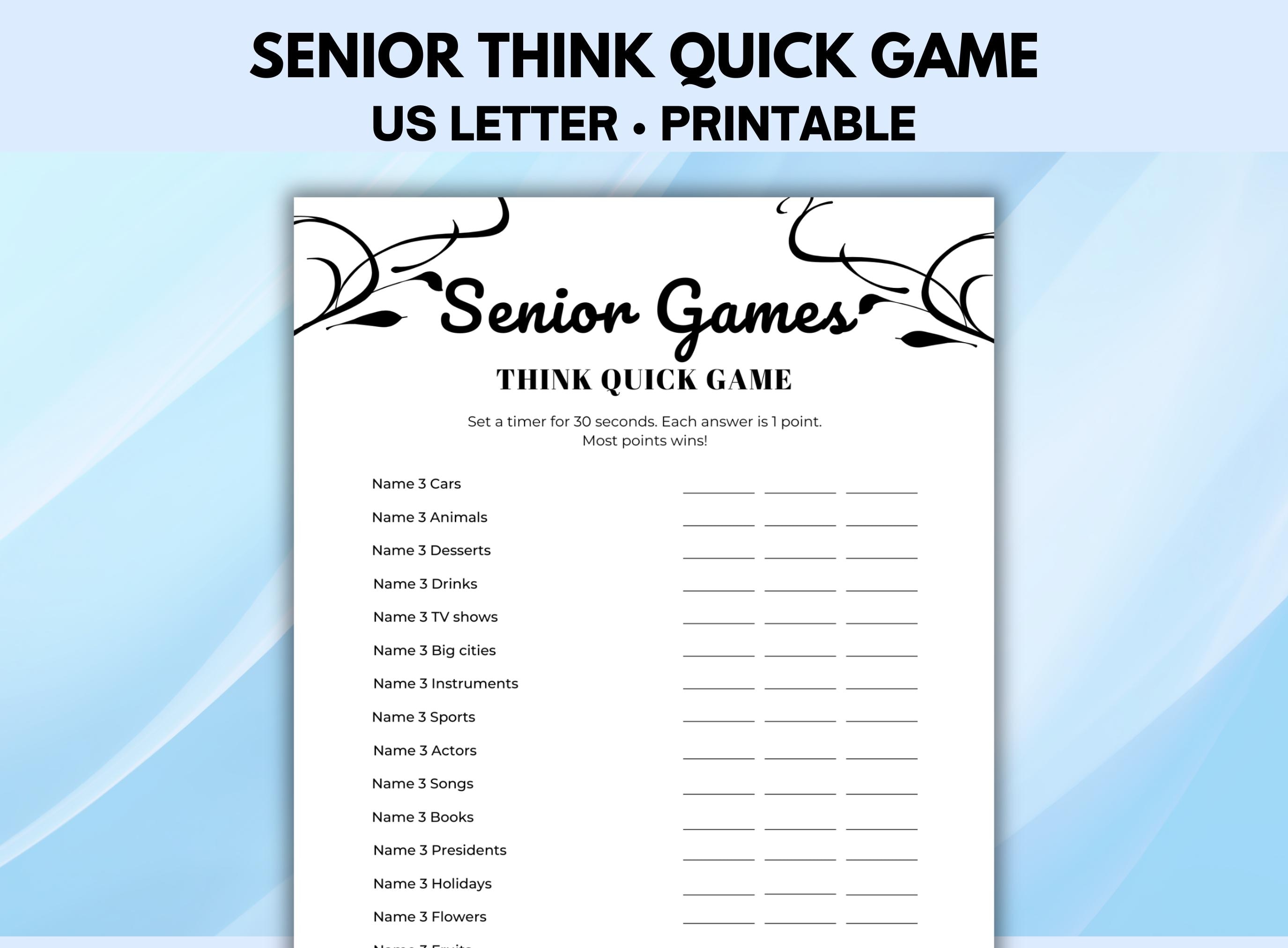 senior think quick game, printable games for seniors, ice breaker