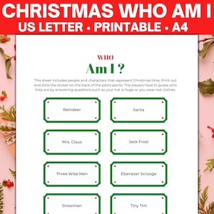 Christmas Who Am I, Christmas Party Game, Printable Christmas Games, Xmas Games