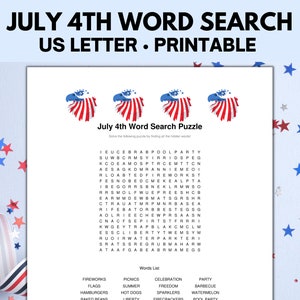 4th of July Word Search Puzzle, 4th of July Games, Word Search Printable, Fourth of July Games