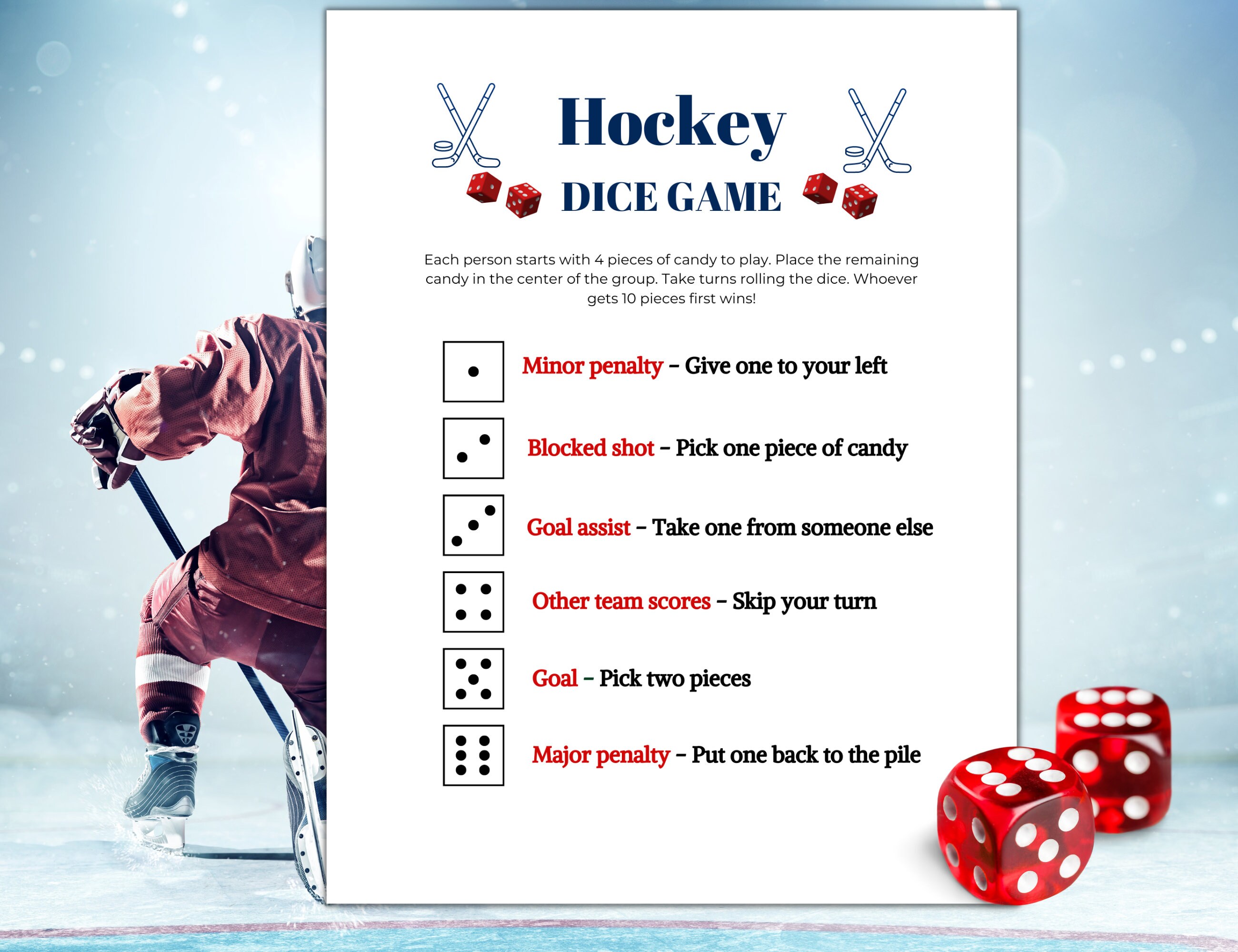 Hockey Dice Game and Candy Dice Game Printable, Fun for Kids and Adults