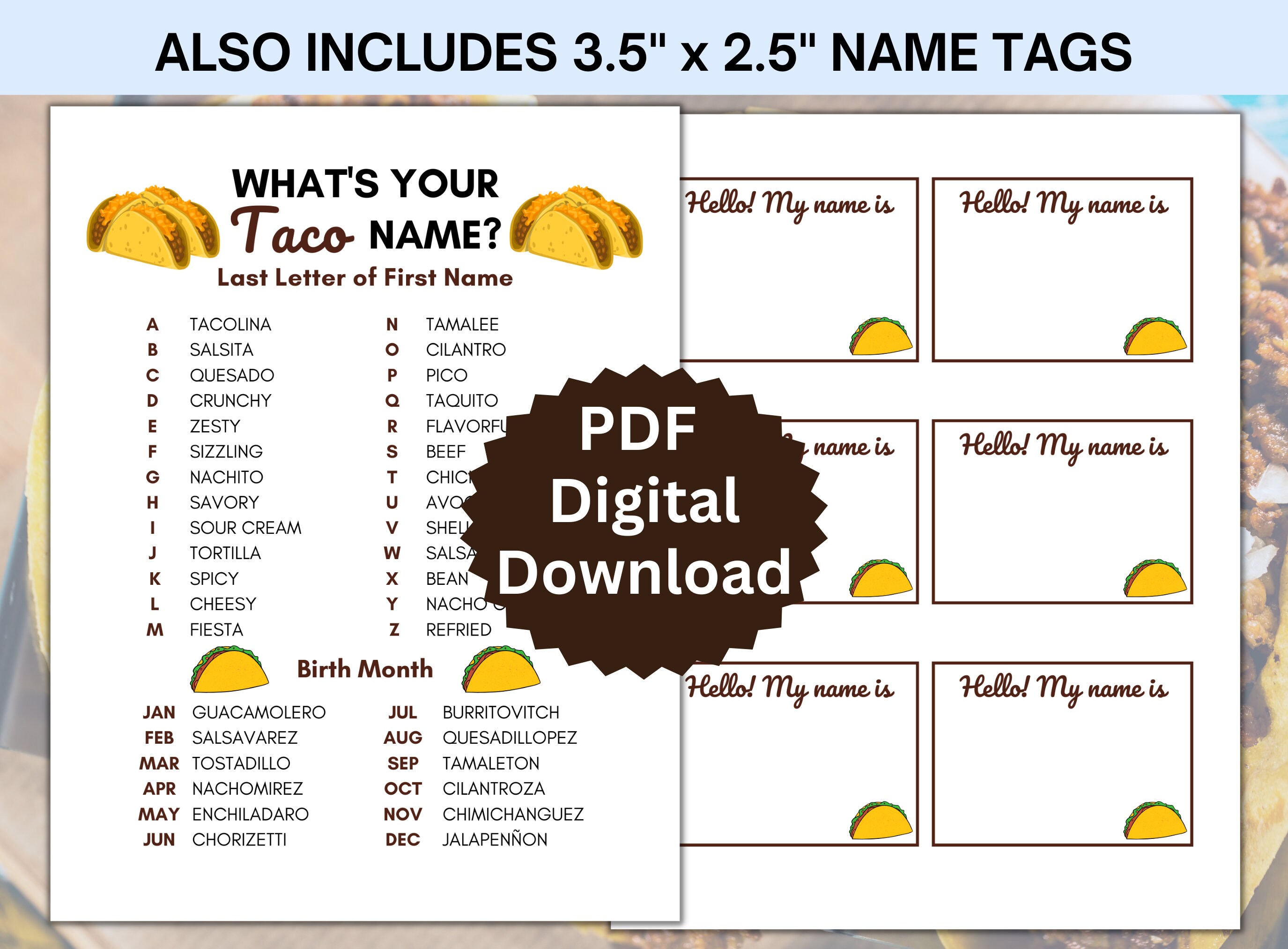 Cidobi What's Your Taco Name Game - Double-Sided Sign & 30 Stickers, Taco Party Game For Birthdays & Gatherings