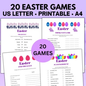 May include: Printable Easter games in US Letter size. The games include "This or That", "Think Fast", "Find the Guest", and "Scavenger Hunt".