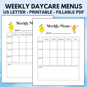 Editable Daycare Menu, Weekly Preschool Menu Template, Daycare or Homeschool Menu Planner