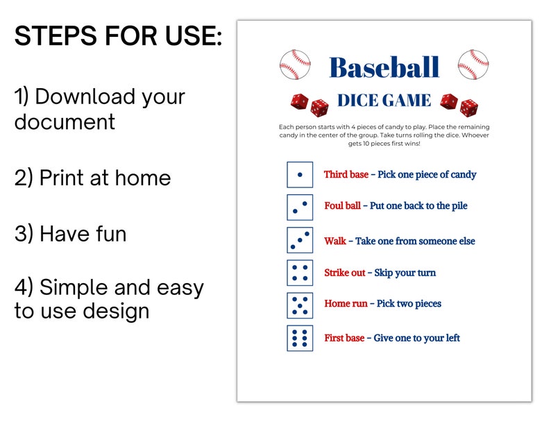 Dice Baseball Game and Candy Dice Game Printable for Kids and Adults ...