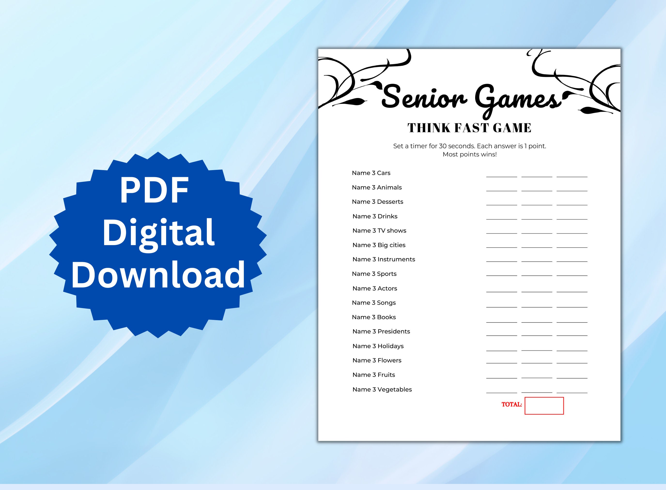 Senior Think Fast Game, Printable Games for Seniors, Ice Breaker Games ...