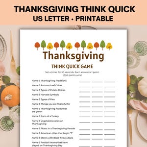 Thanksgiving Think Quick Game, Thanksgiving Printable Game, Holiday Party Games, Family Party Games, Thanksgiving Trivia