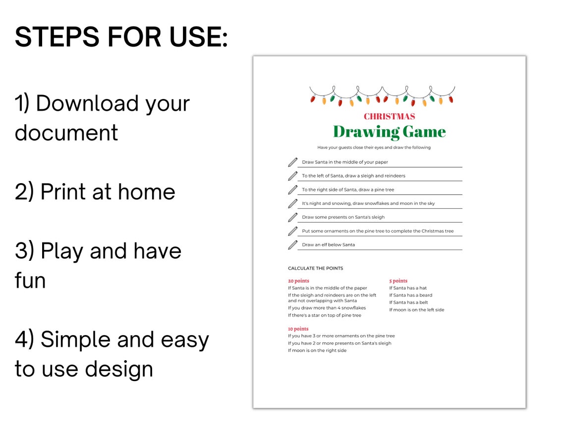 Christmas Drawing Game, Christmas Party Game, Printable Christmas Games