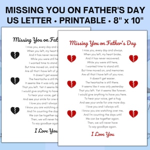 Puede incluir: Tarjeta imprimible de 20,3 x 25,4 cm con un poema sobre echar de menos a alguien el Día del Padre. El poema incluye ilustraciones de corazones rotos y las palabras "Te quiero".