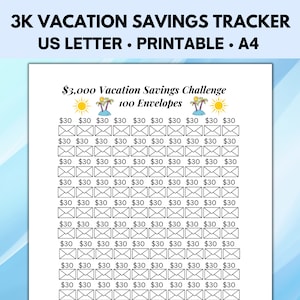 Puede incluir: Un rastreador de ahorros para vacaciones imprimible con un objetivo de 3.000 €. El rastreador presenta 100 sobres, cada uno representando 30 €, y un diseño de sol y palmeras.