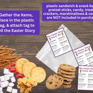 May include: Three printable Easter Story Snack Mix cards with a purple background and a brown cross. The cards list different snack items and corresponding Bible verses. The cards are on a wooden surface with a plastic bag, pretzels, crackers, marshmallows, and candy.
