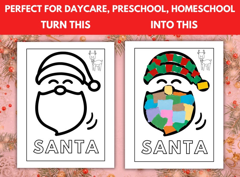May include: A black and white outline of Santa Claus with a beard and a hat. The word "SANTA" is written below the image. On the right, a colored version of the image shows Santa with a green and red striped hat and a colorful beard. The word "SANTA" is written below the image.