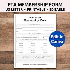 PTA Membership Form Editable, PTO Sign Up Sheet, PTA Volunteer Form, Pto Recruitment, Pta Membership Drive