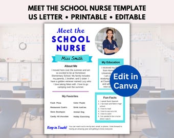 Puede incluir: Plantilla de enfermera escolar imprimible y editable en tamaño US Letter. La plantilla presenta el texto "Meet the School Nurse" con una foto de una enfermera y secciones para "Acerca de mí", "Mis favoritos" y "Datos divertidos".