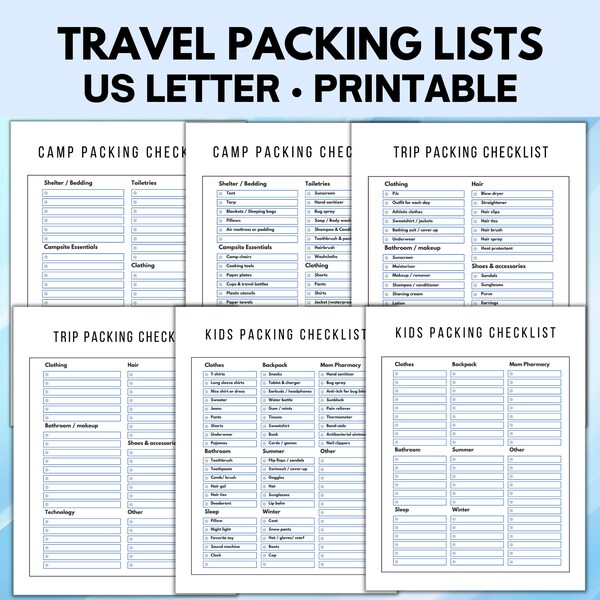 Travel Packing List, Vacation Packing and Camping Checklist for Kids and Adults