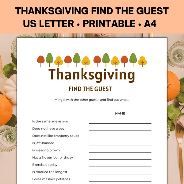 Thanksgiving Find the Guest Game, Find Someone Who, Printable Thanksgiving Games, Ice Breaker Games, Holiday Party Games
