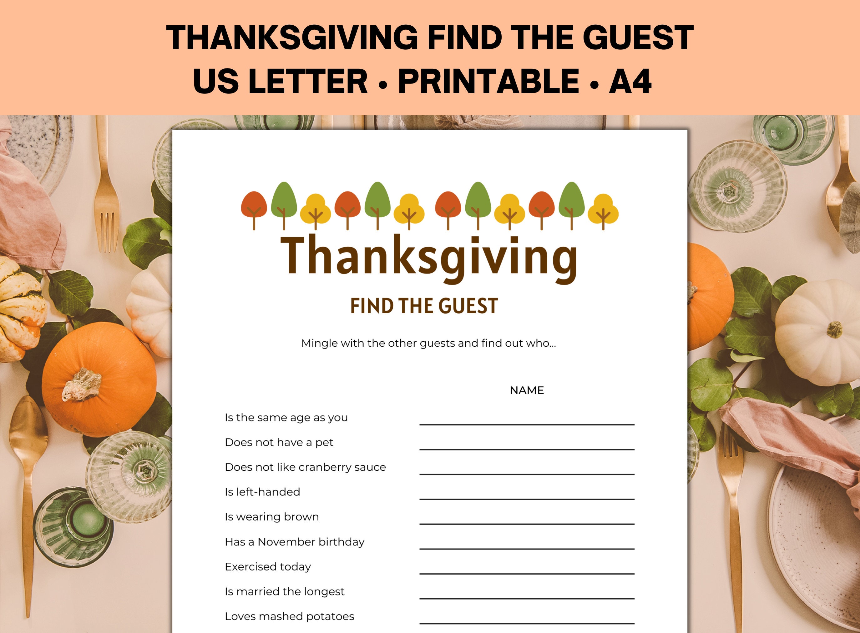 Thanksgiving Find the Guest Game, Find Someone Who, Printable ...