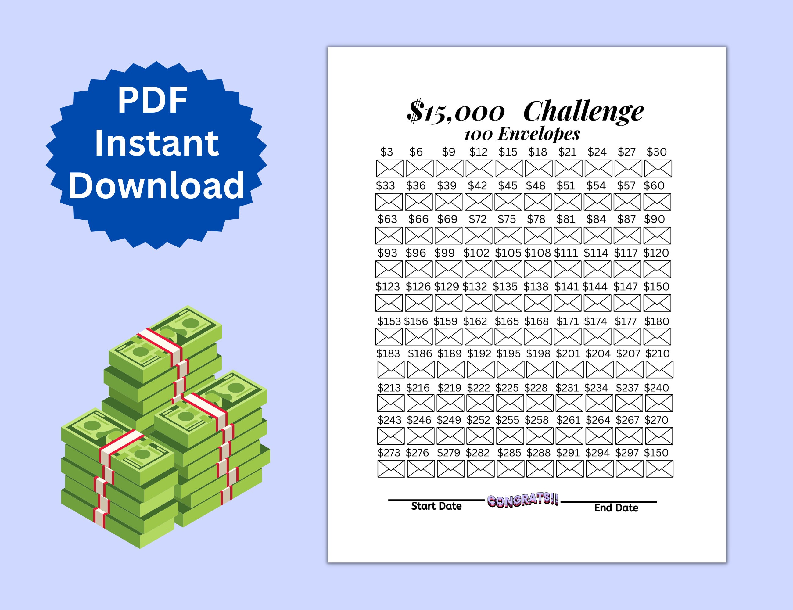15K 100 Envelope Challenge Printable 15000 Savings Challenge Savings 