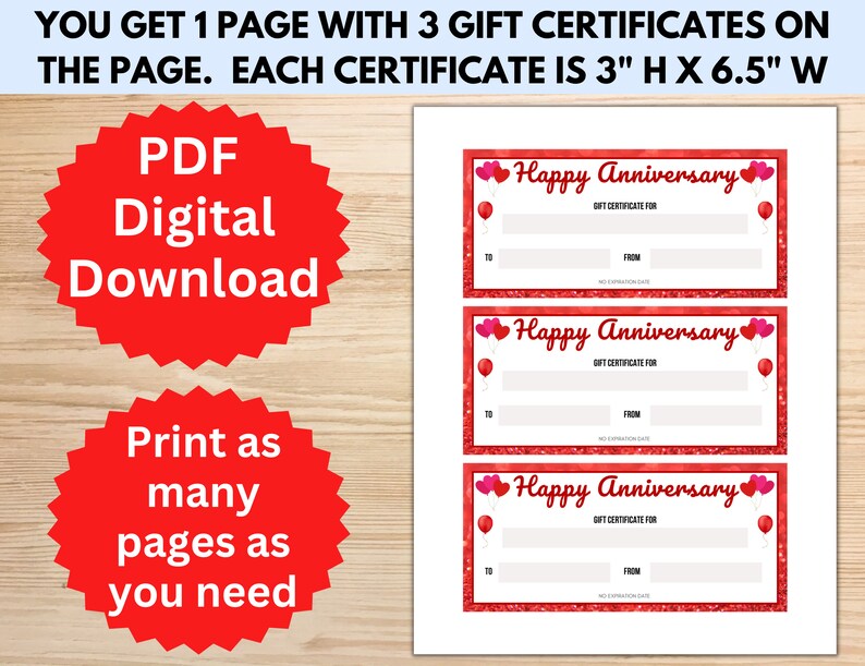 Printable Anniversary Gift Certificate, Anniversary Coupons, Gift ...