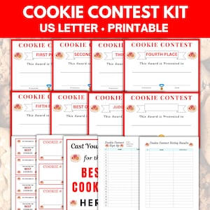 May include: Printable cookie contest kit with certificates for first, second, third, fourth, fifth place, best cookie, judge, and a sign-up sheet and voting results sheet. The certificates are red, white, and blue with a cookie graphic.