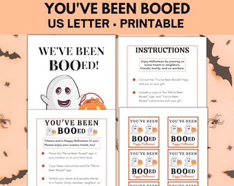 May include: Printable Halloween "You've Been Booed" sign with a ghost and pumpkin illustration. The sign includes instructions for a fun Halloween tradition of leaving treats for friends and neighbors.