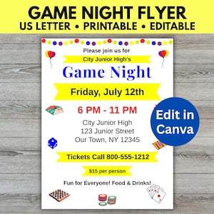 Game Night Flyer Editable, Game Night Invitation Template, Board Game Night, Casino Night Flyer, Family Game Night