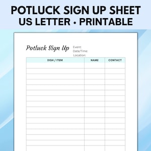 Potluck Sign Up Sheet and List, Holiday Potluck Sign Up Sheet, Family Reunion Potluck, Picnic Food Sign Up, Office Potluck