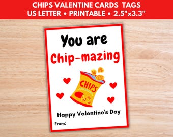 Bag of Chips Valentine Cards Gift Tags, Valentine Potato Chips Favor Tags, Valentine's Treat Box
