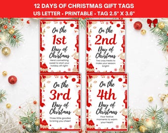 12 Days of Christmas Tags, 12 Days of Christmas Activities and Gift Ideas, Printable Christmas Gift Favor Tags, Secret Santa Gift Tags