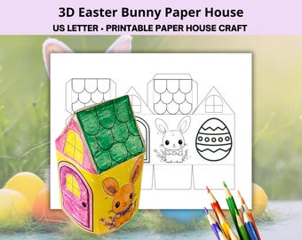 May include: Printable 3D Easter Bunny Paper House craft. The house is a template for a paper craft that can be colored in. The house has a green roof, pink walls, and a yellow door. There is a bunny rabbit on the front of the house. The house is sitting on a green grassy surface.
