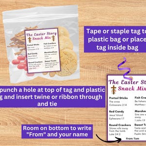 May include: A printable tag for an Easter snack mix. The tag is white with a red cross and the text "The Easter Story Snack Mix". The tag lists the contents of the snack mix, including pretzel sticks, fish crackers, red candy, marshmallows, round crackers, and sweet treats. Each item is paired with a Bible verse.