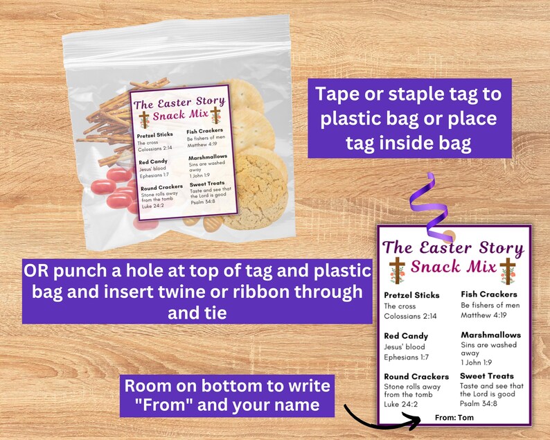 May include: A printable tag for an Easter snack mix. The tag is white with a red cross and the text "The Easter Story Snack Mix". The tag lists the contents of the snack mix, including pretzel sticks, fish crackers, red candy, marshmallows, round crackers, and sweet treats. Each item is paired with a Bible verse.