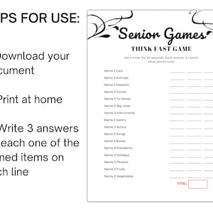 Senior Think Fast Game Printable Games for Seniors Ice Breaker Games Senior Think Fast Game Printable Games for Seniors Ice Breaker Games